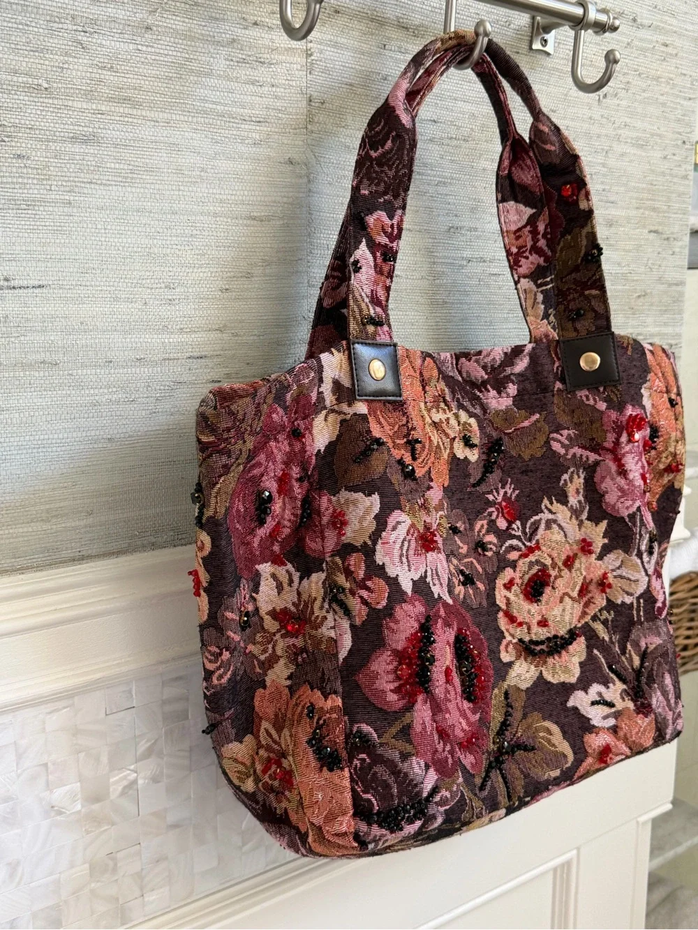 New Anthropologie Maeve beaded embellished Floral Tapestry Tote Bag brown pink